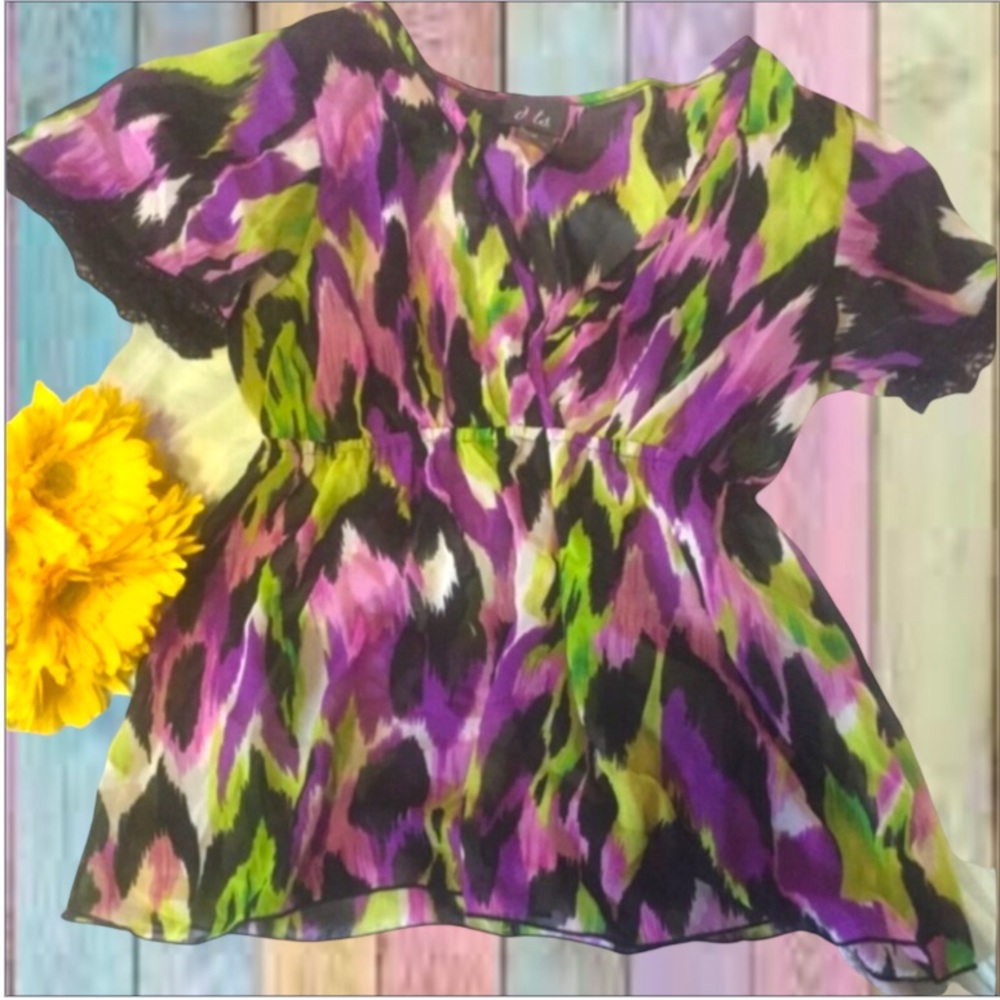 Dots Purple Black Multicolor Print Sheer V-neck Babydoll Top